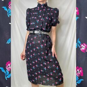 Vintage 80s 90s puff‎ sleeve high neck midi dress sheer floral black grunge S